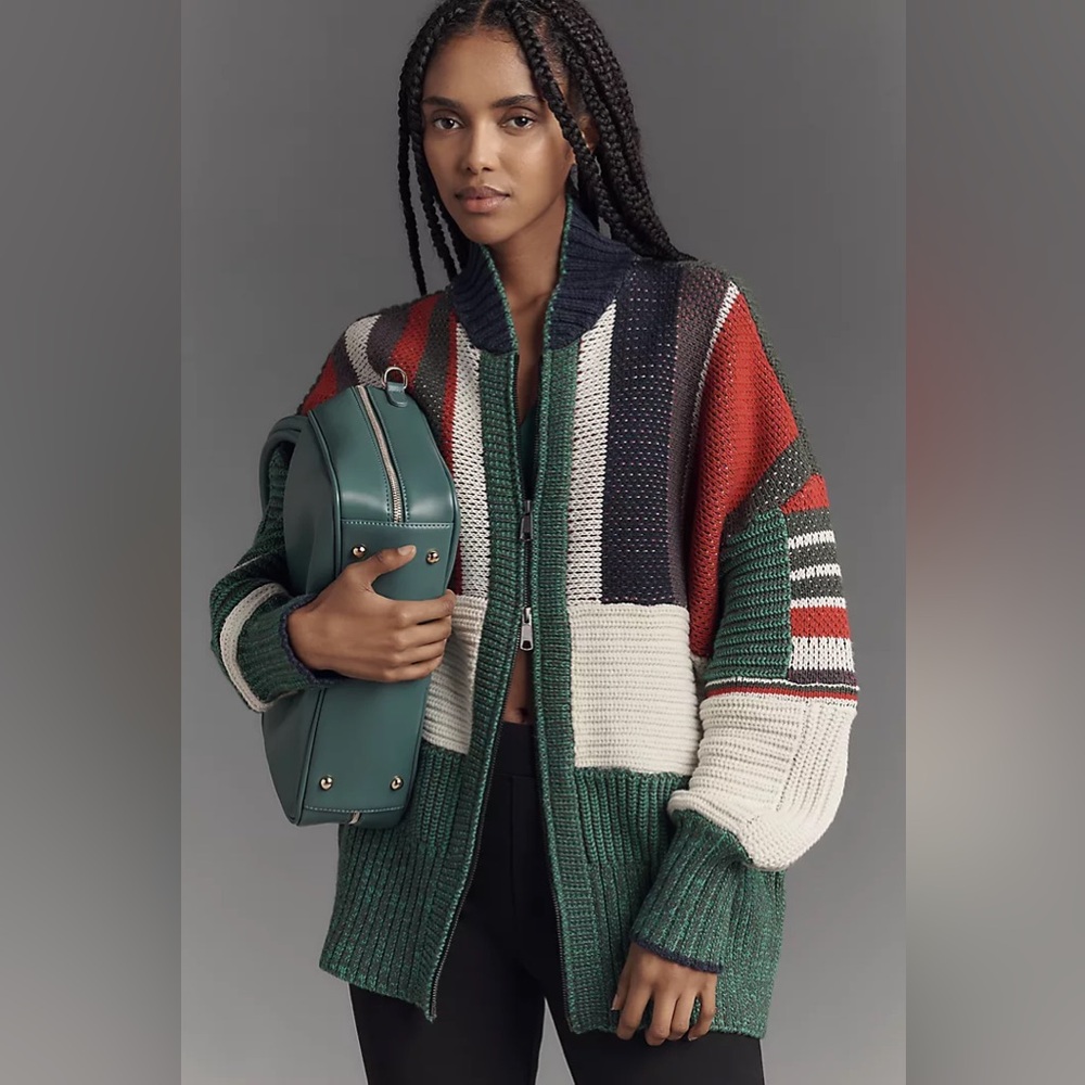 Anthropologie Pilcro Ribbed Collared Colorblock Zip Front Sweater Size XL - NWT